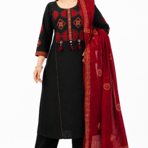 Black kurta set with bottom and red dupatta flat lay showing full 3 piece ethnic outfit