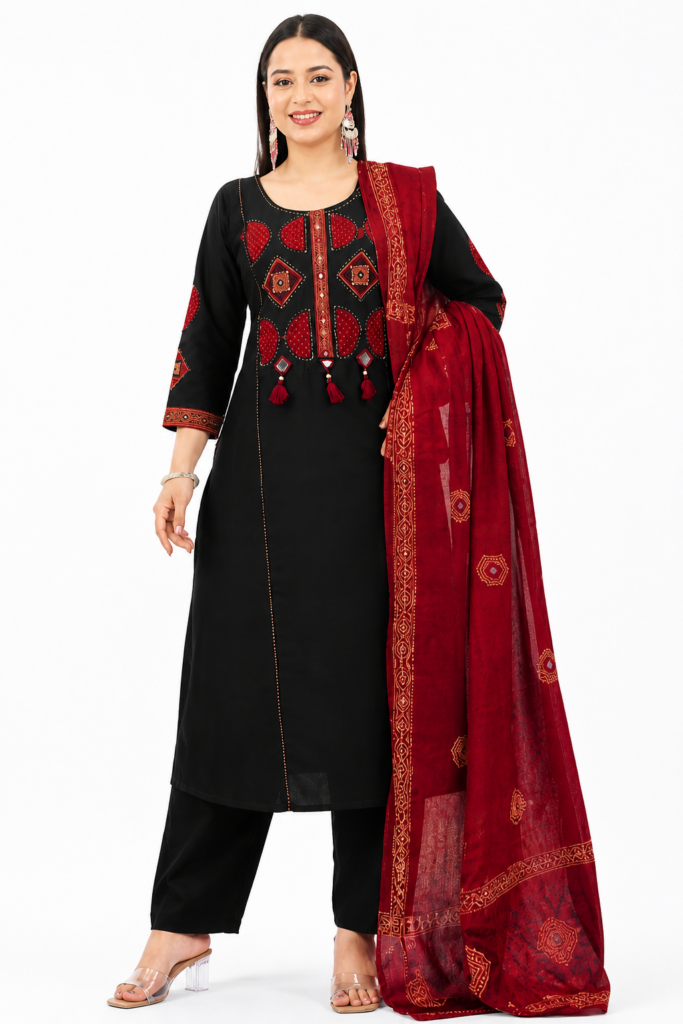 Black kurta set with bottom and red dupatta flat lay showing full 3 piece ethnic outfit