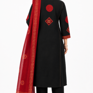 Black kurta set back view with red printed dupatta traditional ethnic wear for women