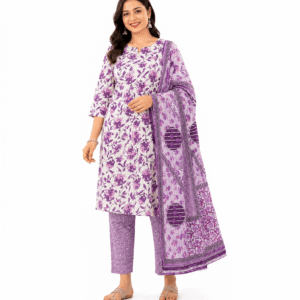 Jaipuri Cotton Kurti Pant Dupatta Set - Purple Floral Print | 3 Piece Women's Ethnic Wear