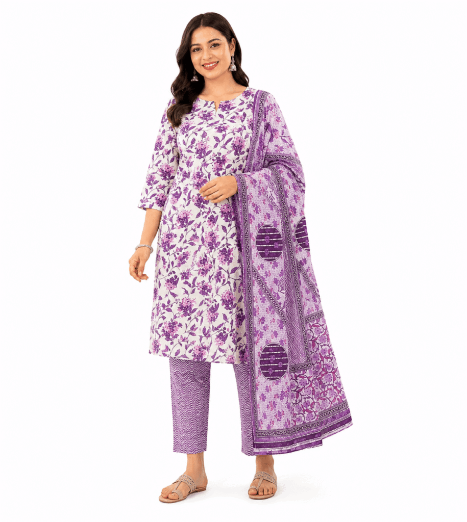 Jaipuri Cotton Kurti Pant Dupatta Set - Purple Floral Print | 3 Piece Women's Ethnic Wear