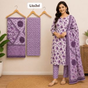 Jaipuri Cotton Kurti Pant Dupatta Set - Purple Floral Print | 3 Piece Women's Ethnic Wear