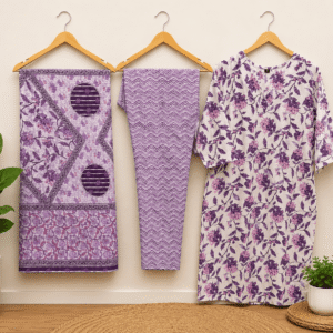 Jaipuri Cotton Kurti Pant Dupatta Set - Purple Floral Print | 3 Piece Women's Ethnic Wear