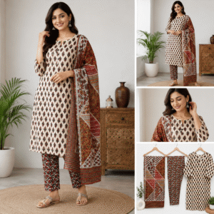 Jaipuri Cotton Kurti Pant Dupatta Set - Red Floral Print | 3 Piece Women's Ethnic Wear