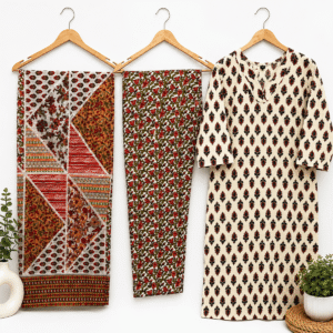 Jaipuri Cotton Kurti Pant Dupatta Set - Red Floral Print | 3 Piece Women's Ethnic Wear