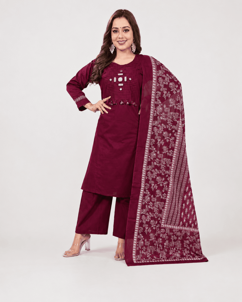 Women's Cotton Kurta Palazzo Set with Printed Dupatta | Mirror Work | A-Line
