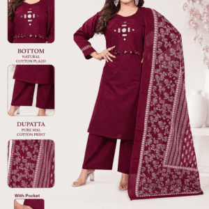 Women's Cotton Kurta Palazzo Set with Printed Dupatta | Mirror Work | A-Line