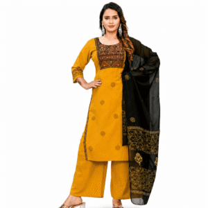 Mustard Yellow Cotton Kurta Palazzo Set with Black Block Print Dupatta | Mirror Work | D.No. 51601