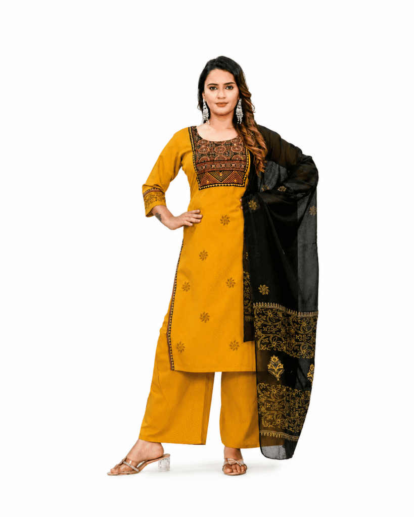 Mustard Yellow Cotton Kurta Palazzo Set with Black Block Print Dupatta | Mirror Work | D.No. 51601