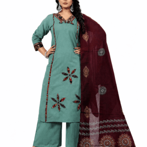 Women's Teal Cotton Kurta Palazzo Set with Block Print Dupatta | 3-Piece Ethnic Suit