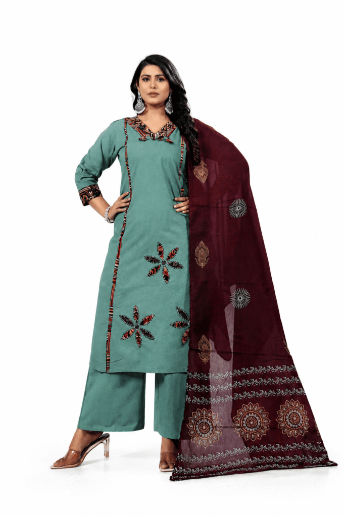 Women's Teal Cotton Kurta Palazzo Set with Block Print Dupatta | 3-Piece Ethnic Suit