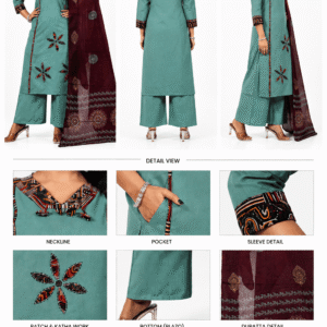 Women's Teal Cotton Kurta Palazzo Set with Block Print Dupatta | 3-Piece Ethnic Suit