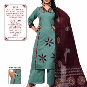 Women's Teal Cotton Kurta Palazzo Set with Block Print Dupatta | 3-Piece Ethnic Suit