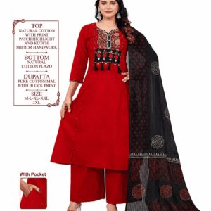 Women's Red Cotton Kurti Palazzo Set with Black Printed Dupatta | Kutchi Mirror Work | S-23