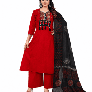 Women's Red Cotton Kurti Palazzo Set with Black Printed Dupatta | Kutchi Mirror Work | S-23