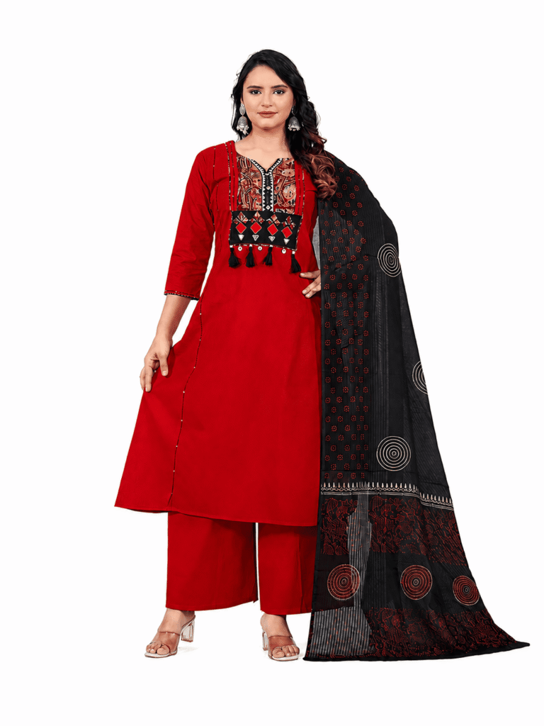 Women's Red Cotton Kurti Palazzo Set with Black Printed Dupatta | Kutchi Mirror Work | S-23