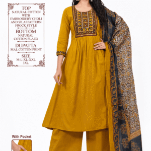 Mustard Yellow Embroidered Cotton Kurta Palazzo Set with Printed Dupatta for Women