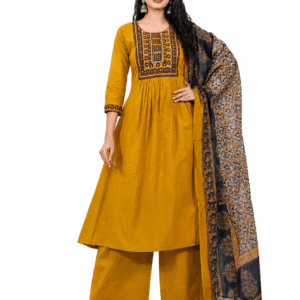 Mustard Yellow Embroidered Cotton Kurta Palazzo Set with Printed Dupatta for Women