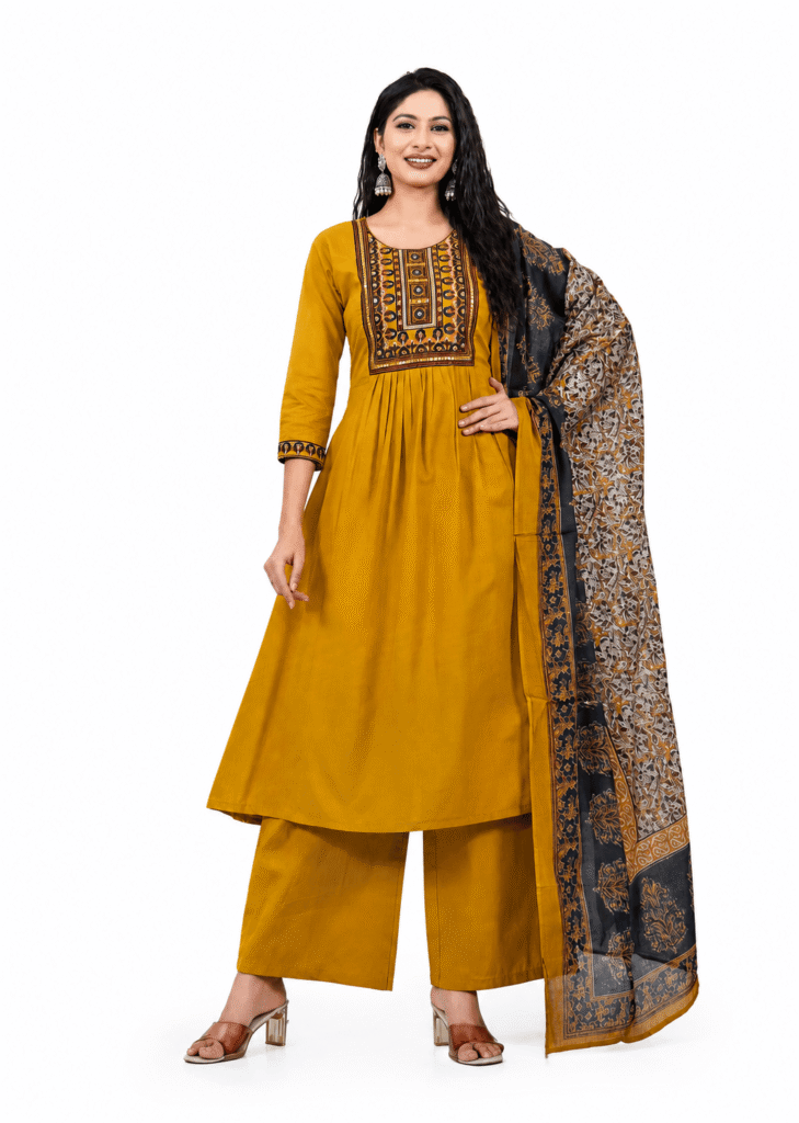 Mustard Yellow Embroidered Cotton Kurta Palazzo Set with Printed Dupatta for Women