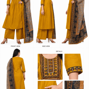 Mustard Yellow Embroidered Cotton Kurta Palazzo Set with Printed Dupatta for Women