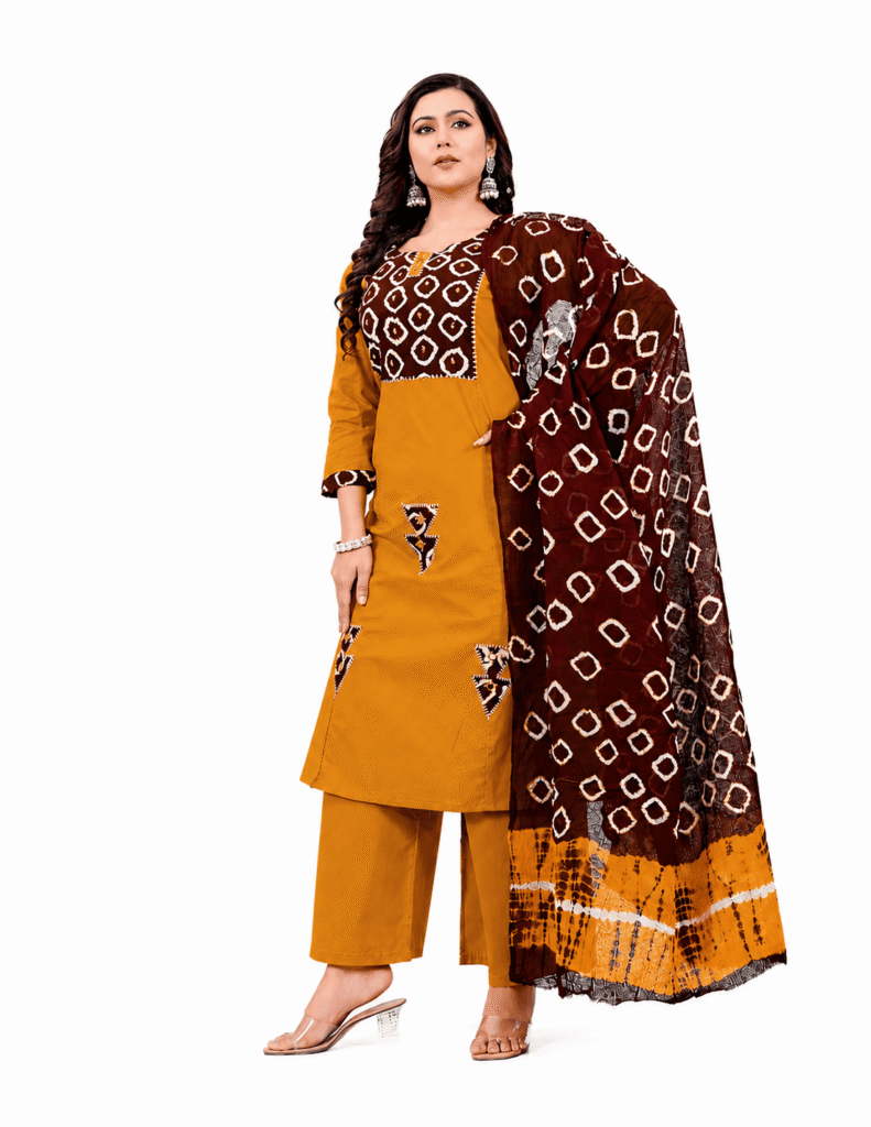 Women's Mustard Cotton Printed Kurta Palazzo Set with Dupatta | Traditional Cotton Suit Set