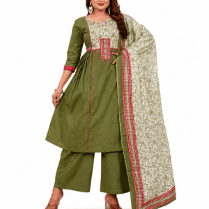 Women's Olive Green Cotton Printed Kurta Palazzo Set with Dupatta