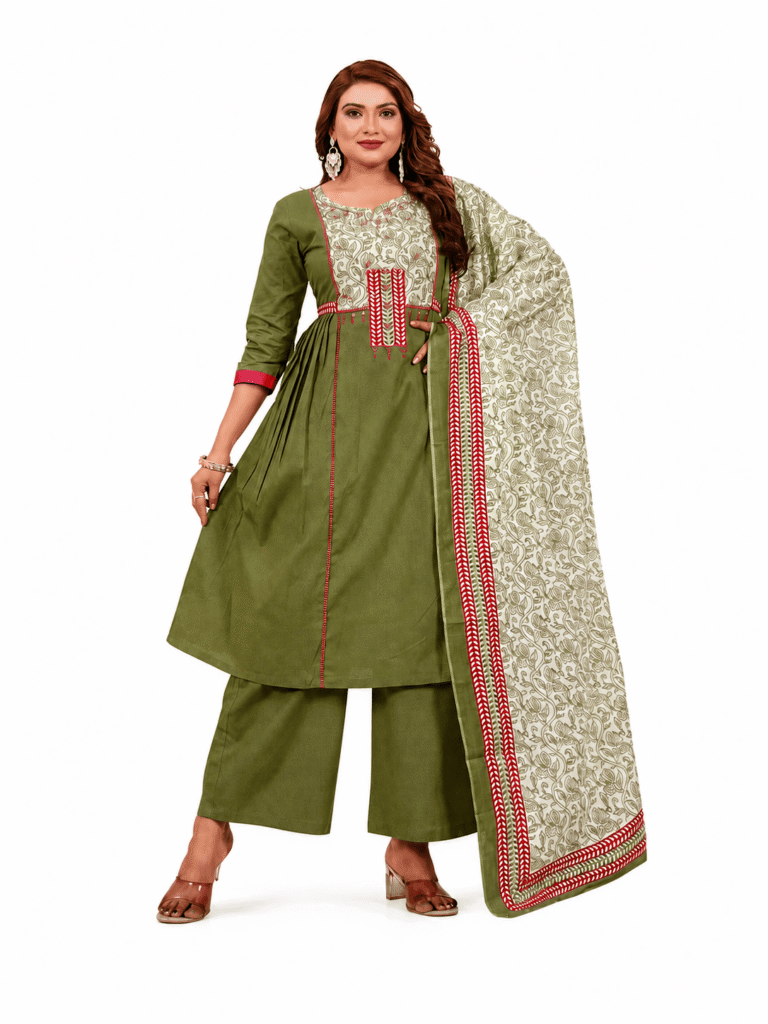 Women's Olive Green Cotton Printed Kurta Palazzo Set with Dupatta