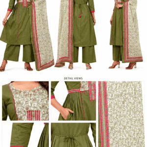 Women's Olive Green Cotton Printed Kurta Palazzo Set with Dupatta