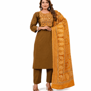 Women's Pure Cotton Embroidered Kurta Pant with Printed Dupatta Set – Brown