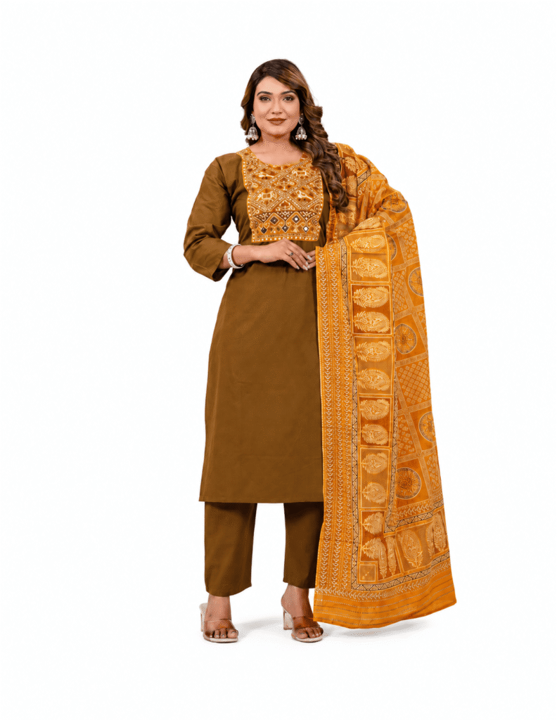 Women's Pure Cotton Embroidered Kurta Pant with Printed Dupatta Set – Brown
