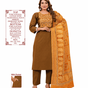 Women's Pure Cotton Embroidered Kurta Pant with Printed Dupatta Set – Brown