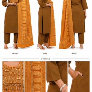 Women's Pure Cotton Embroidered Kurta Pant with Printed Dupatta Set – Brown