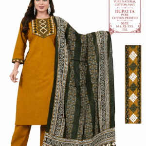 Mustard Cotton Embroidered Kurta Pant Set with Printed Dupatta for Women