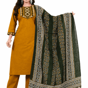 Mustard Cotton Embroidered Kurta Pant Set with Printed Dupatta for Women