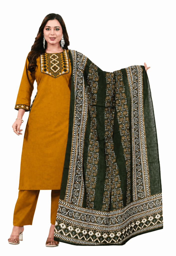Mustard Cotton Embroidered Kurta Pant Set with Printed Dupatta for Women