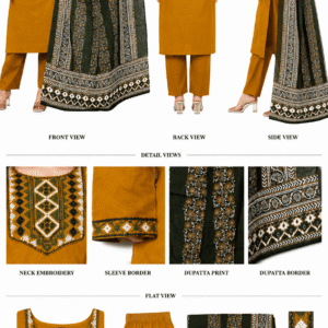 Mustard Cotton Embroidered Kurta Pant Set with Printed Dupatta for Women