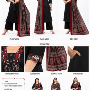 Women's Black Embroidered Cotton Kurta Palazzo Set with Printed Dupatta