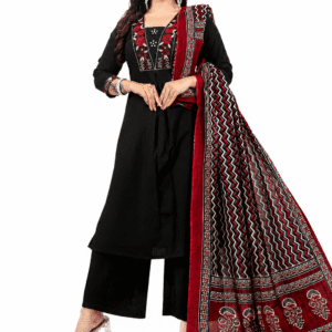 Women's Black Embroidered Cotton Kurta Palazzo Set with Printed Dupatta