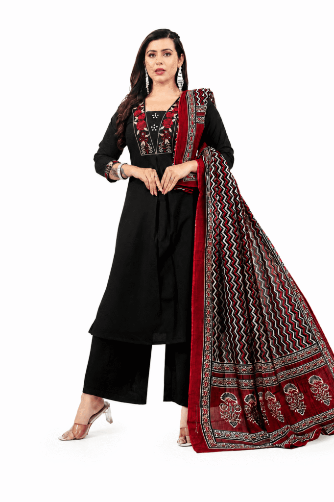 Women's Black Embroidered Cotton Kurta Palazzo Set with Printed Dupatta