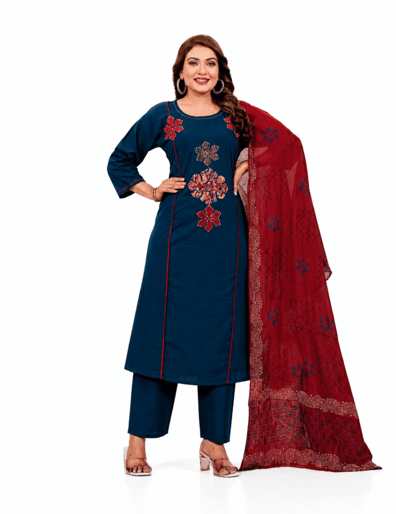 Women's Pure Cotton Kurta Pant Set with Printed Dupatta | Mirror Work | S-24 | D.No. 60160