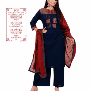 Women's Navy Blue Cotton Kurta Palazzo Set with Maroon Dupatta | Hand Katha Work