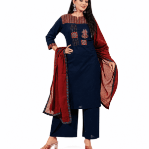 Women's Navy Blue Cotton Kurta Palazzo Set with Maroon Dupatta | Hand Katha Work