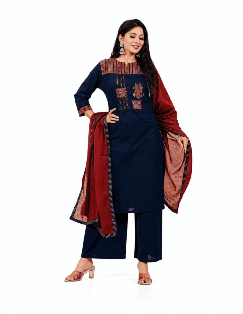 Women's Navy Blue Cotton Kurta Palazzo Set with Maroon Dupatta | Hand Katha Work
