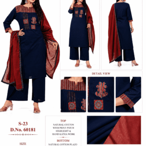 Women's Navy Blue Cotton Kurta Palazzo Set with Maroon Dupatta | Hand Katha Work