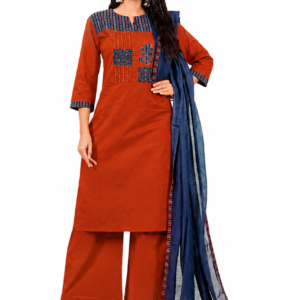 Women's Rust Orange Cotton Kurta Palazzo Set with Navy Dupatta
