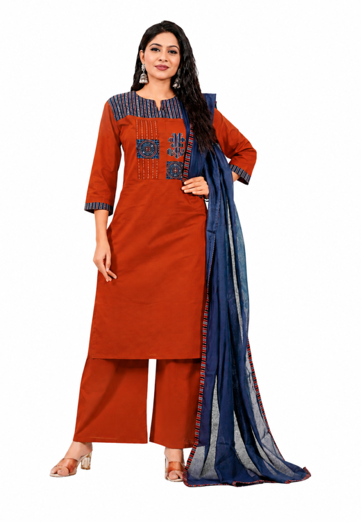 Women's Rust Orange Cotton Kurta Palazzo Set with Navy Dupatta