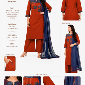 Women's Rust Orange Cotton Kurta Palazzo Set with Navy Dupatta