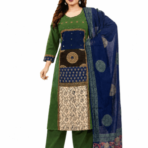 Women's Green Cotton Printed Kurta Palazzo Set with Navy Blue Dupatta