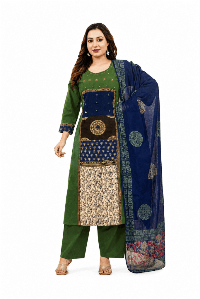 Women's Green Cotton Printed Kurta Palazzo Set with Navy Blue Dupatta