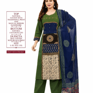 Women's Green Cotton Printed Kurta Palazzo Set with Navy Blue Dupatta